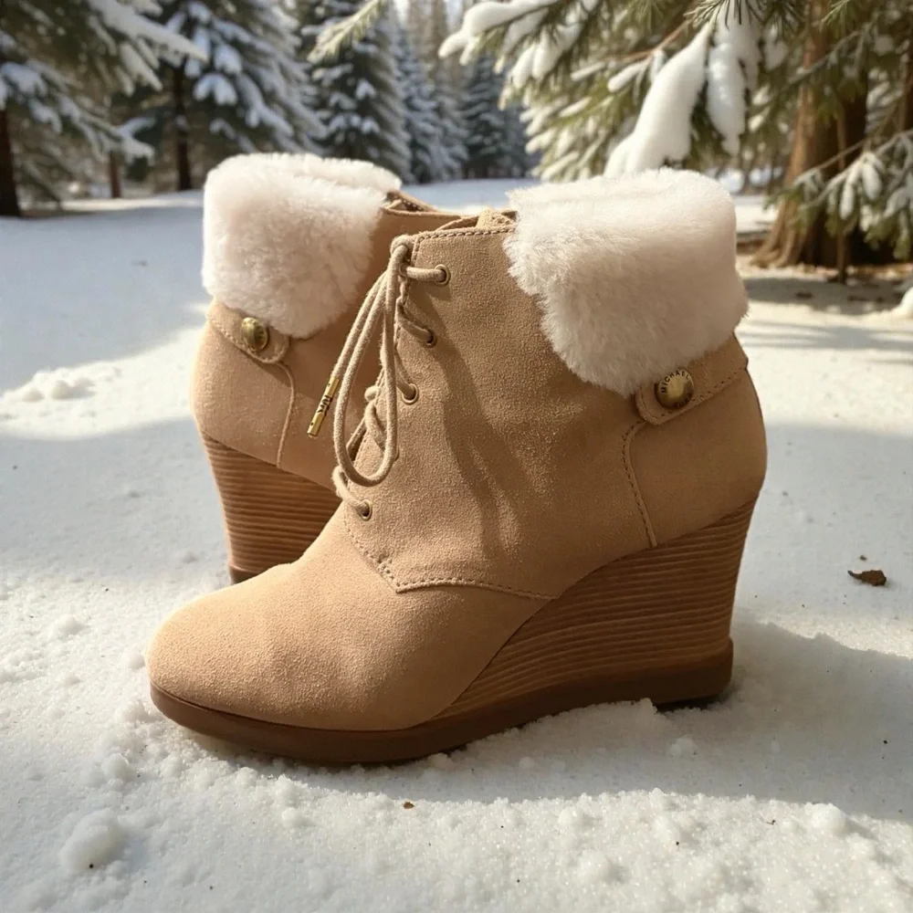 Michael Kors Carrigan Shearling Tan Suede Leather Women's Wedge Ankle Boots